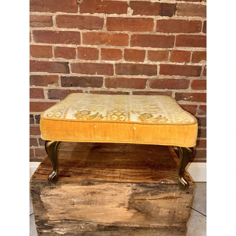 MCM Small Gold Cut‎ Velvet Brass Leg Footstool Ottoman